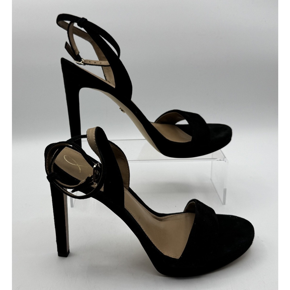 Sam Edelman Bianka Sling Black Suede Heels w/ Ankle Straps Size 8 1/2 Pre-owned